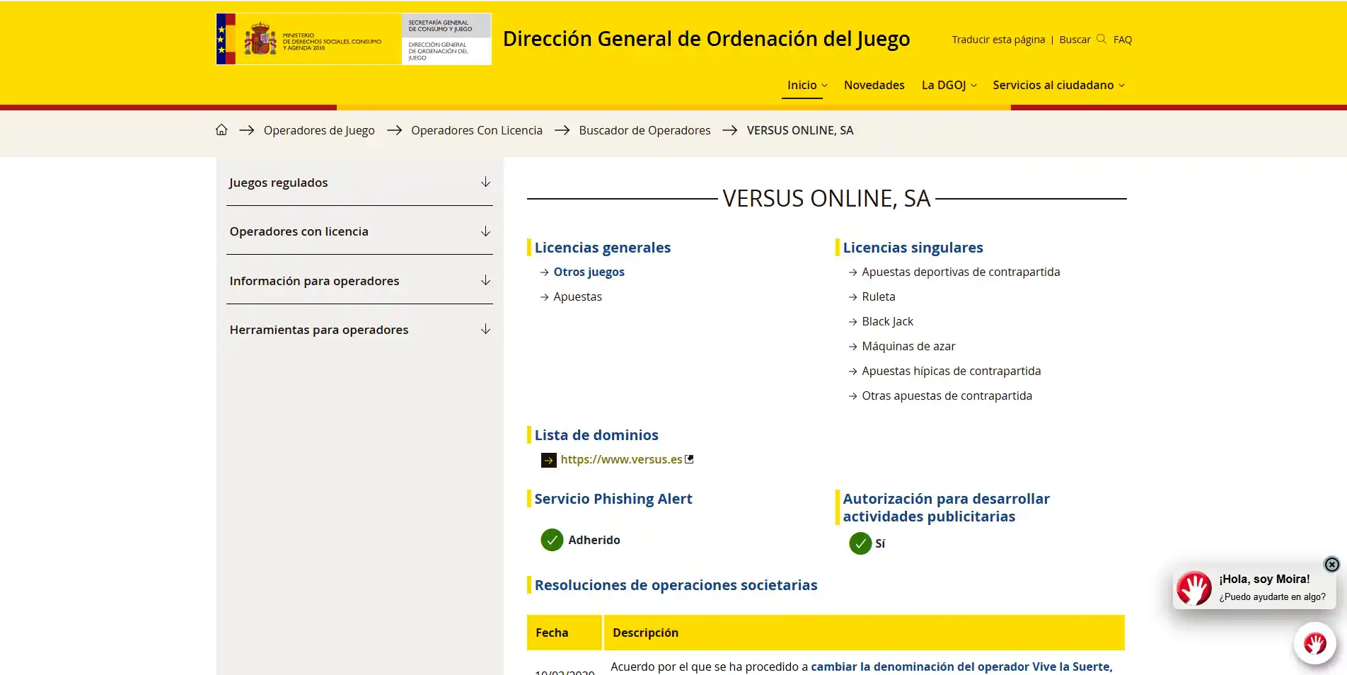 Ficha pública de VERSUS ONLINE, S.A. en el registro de la DGOJ con versus.es y categorías de licencia visibles