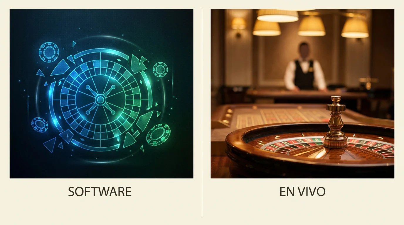 Ilustración editorial dividida entre una ruleta digital RNG y una mesa de ruleta en vivo con crupier no identificable