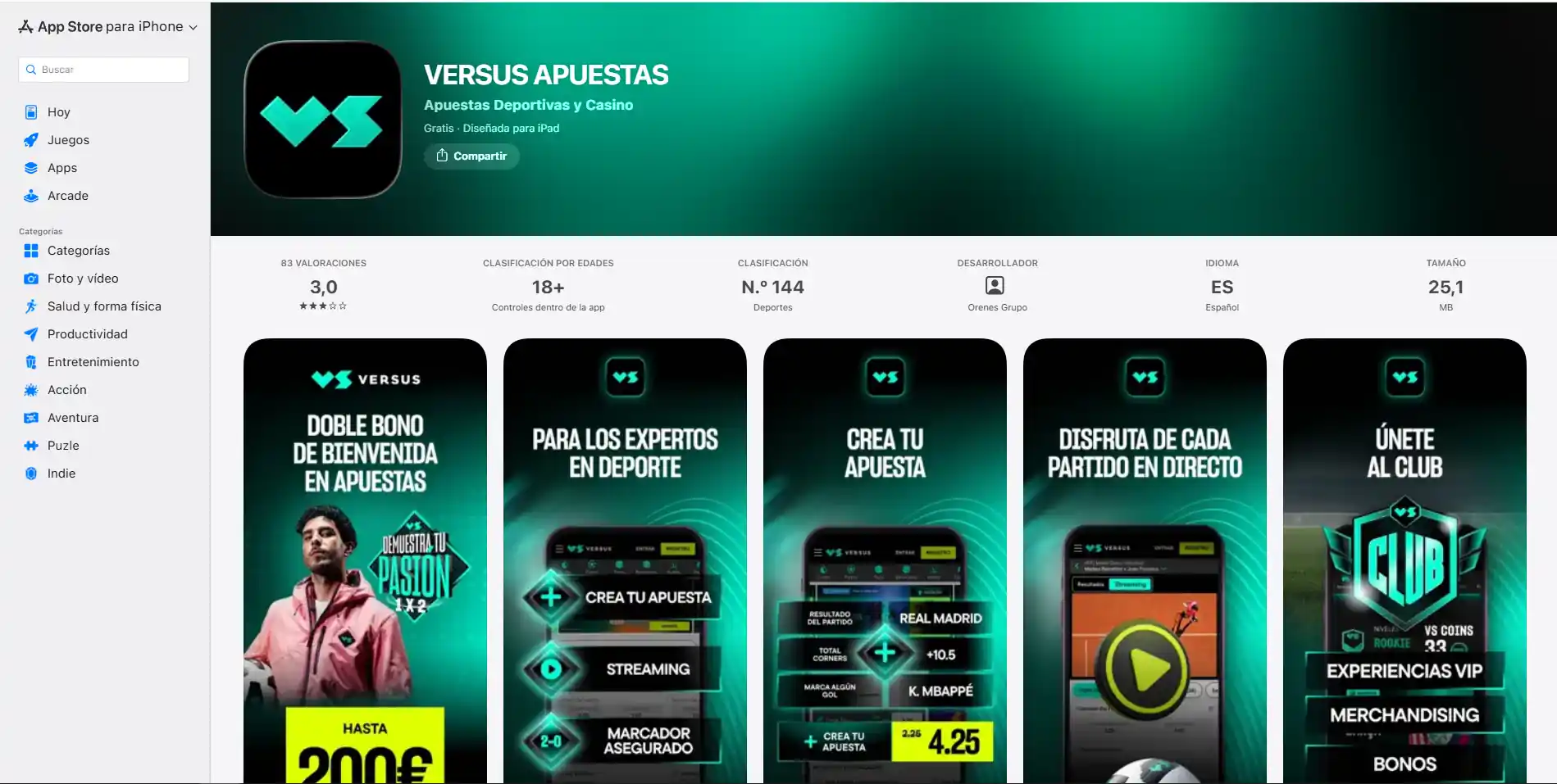 Ficha oficial de VERSUS APUESTAS en la App Store de España